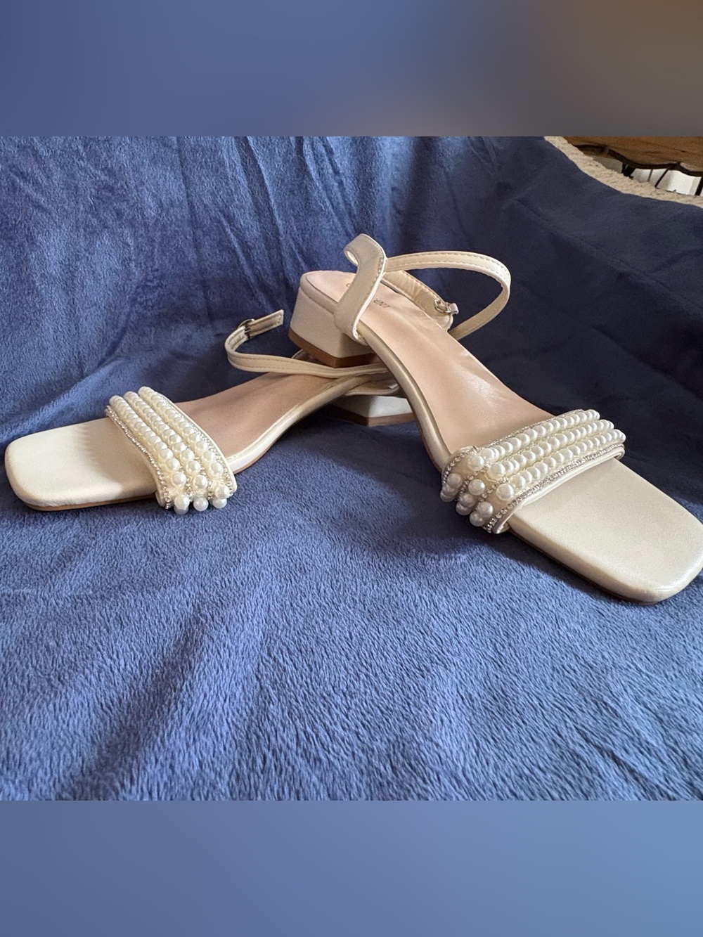 Pearl-Trim Ivory Women's Low Block Heel Sandals
